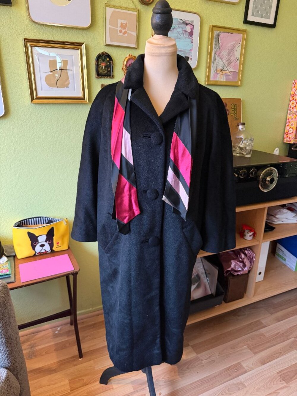 Vintage 1960s Lilli Ann Scarf Coat | Pristine Condition Black Wool Swing Coat St